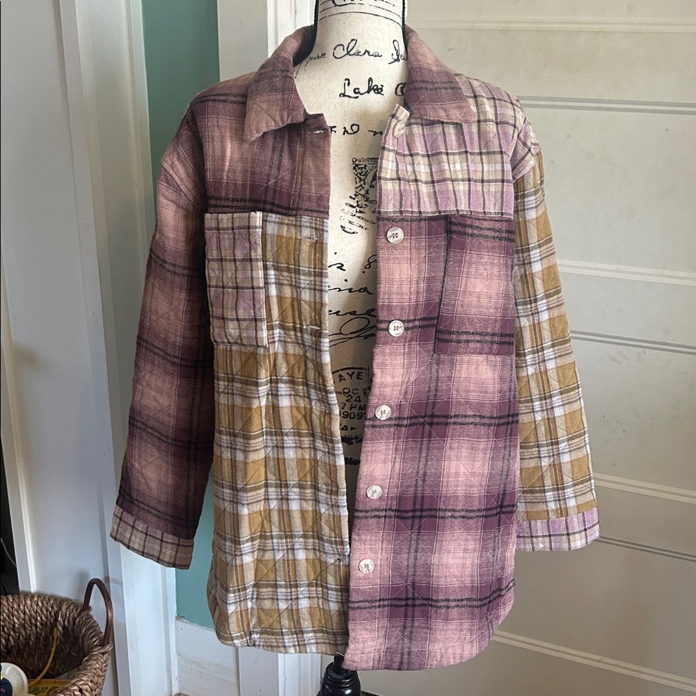Plaid Button-Up Shacket in Pink and Yellow